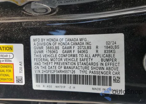 2024 Honda Civic Sport z USA, uszkodzony, nr VIN 2HGFE2F54RH557126